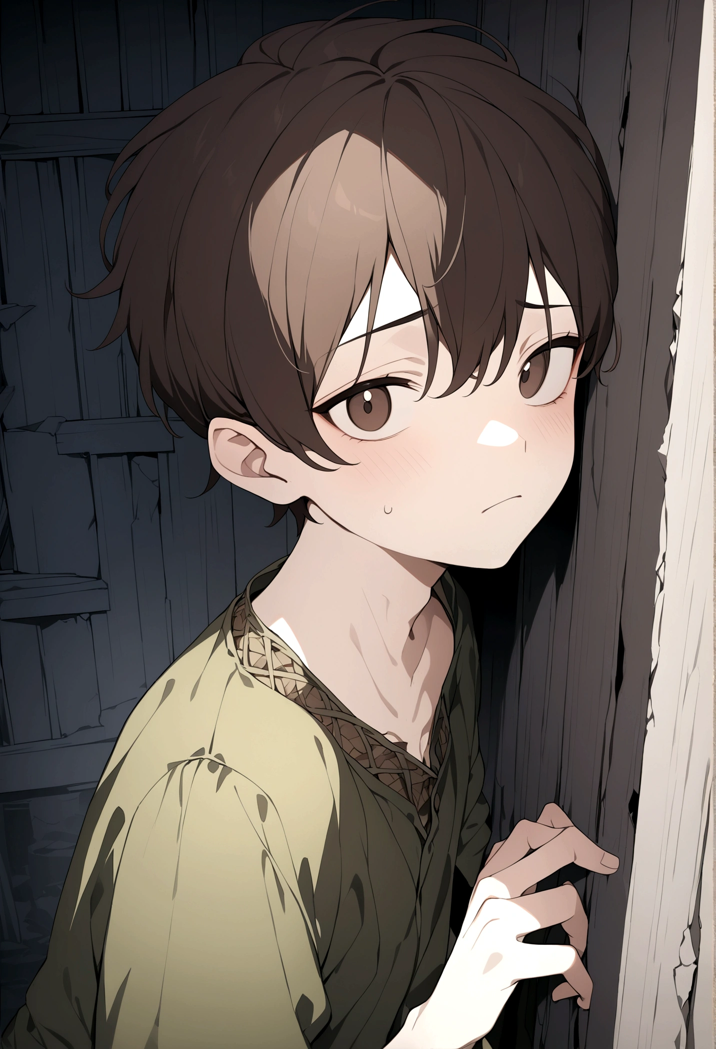 (Masterpiece, 32k, 8k, image focused on the character's face), young boy, , shabby clothes, tired expression on his face, dark brown hair, dark brown eyes, character facing the viewer, leaning with his back against the wall of an abandoned house