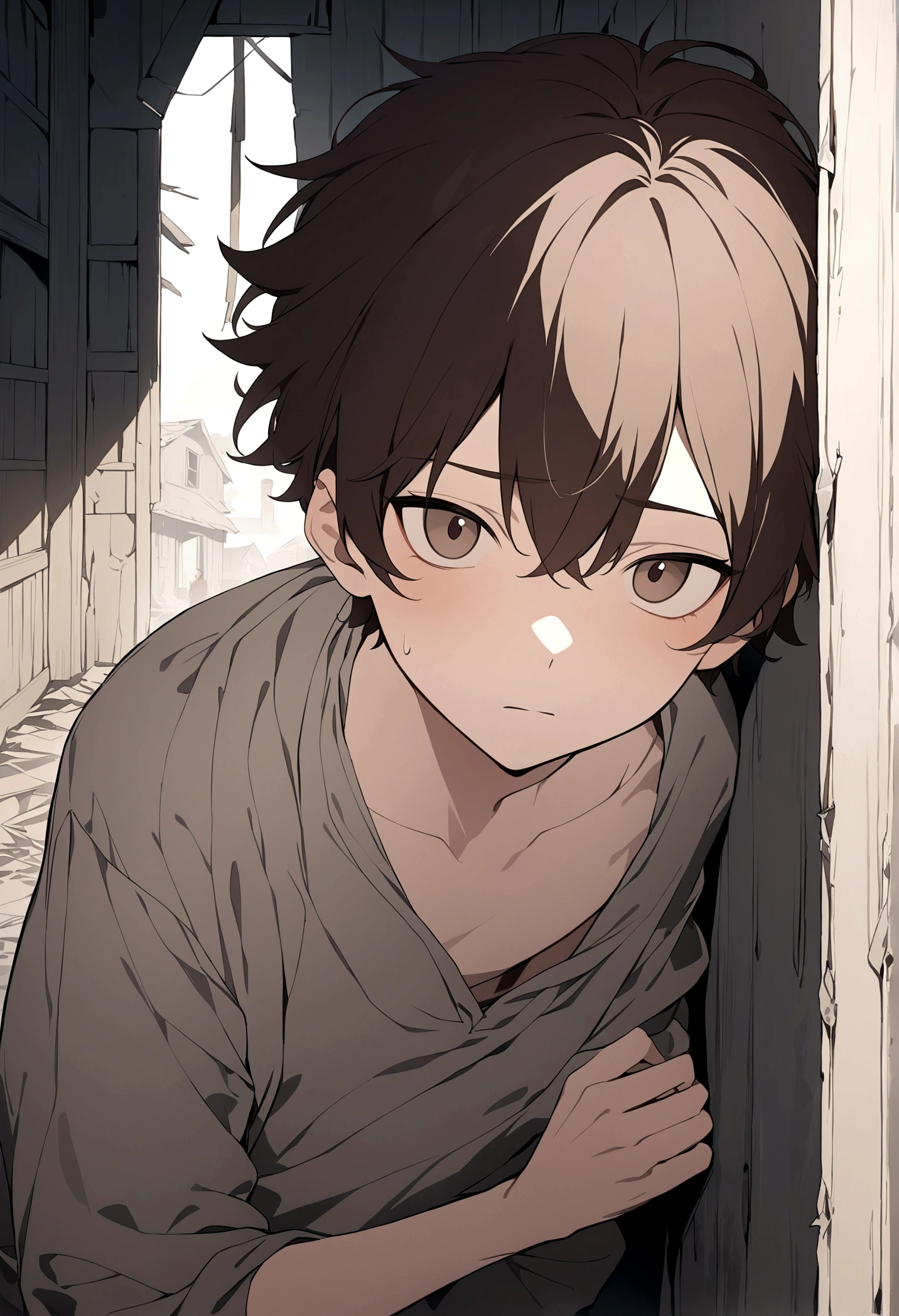 (Masterpiece, 32k, 8k, image focused on the character's face), young boy, 16 years old, shabby clothes, tired expression on his face, dark brown hair, dark brown eyes, character facing the viewer, leaning with his back against the wall of an abandoned house