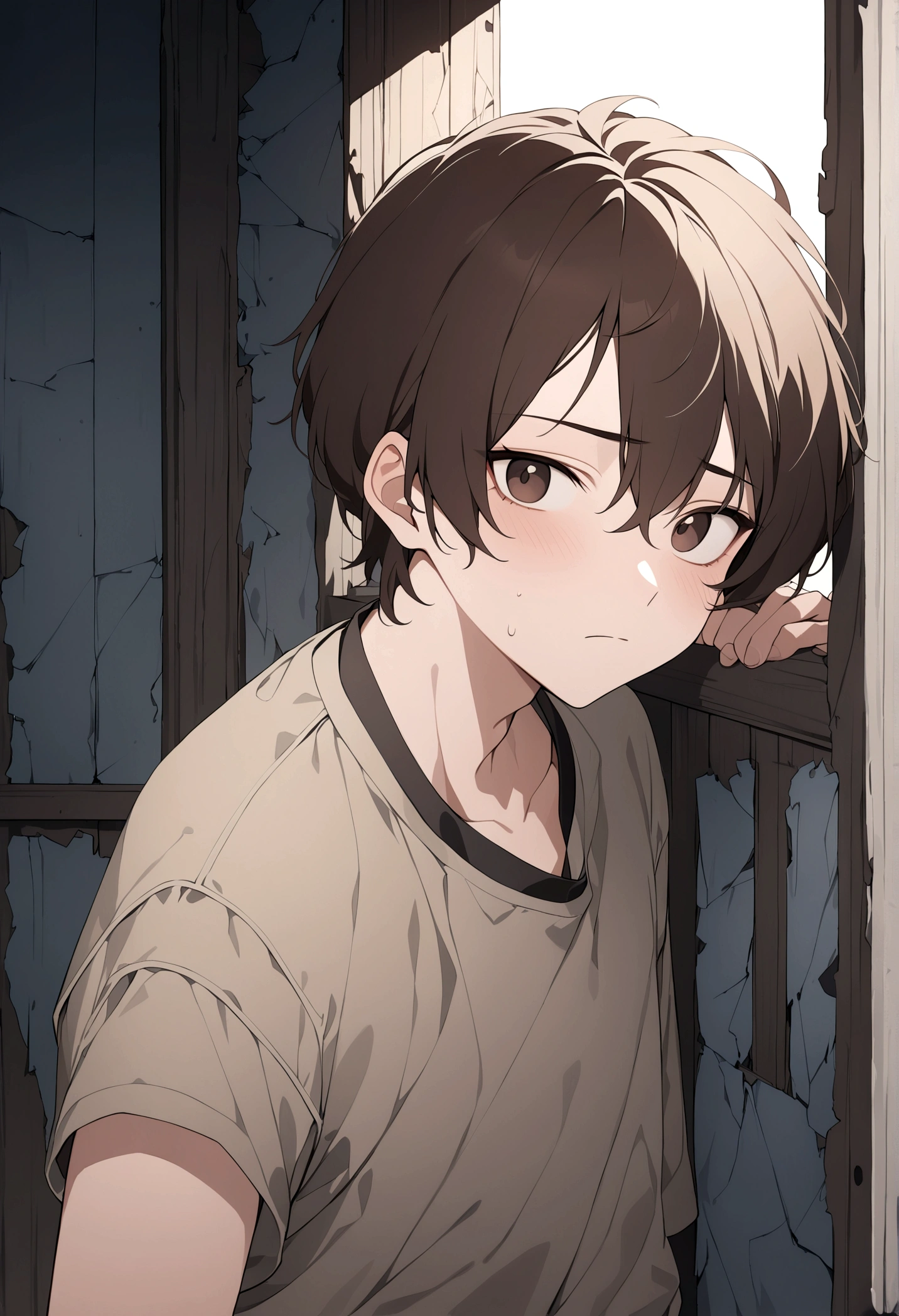 (Masterpiece, 32k, 8k, image focused on the character's face), young boy, , shabby clothes, tired expression on his face, dark brown hair, dark brown eyes, character facing the viewer, leaning with his back against the wall of an abandoned house