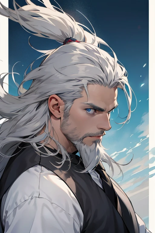 Viking-liked, middle-aged, long grey hair, grey beard, strong, clam, blue eyes, handsome man, white shirt, anime style.
