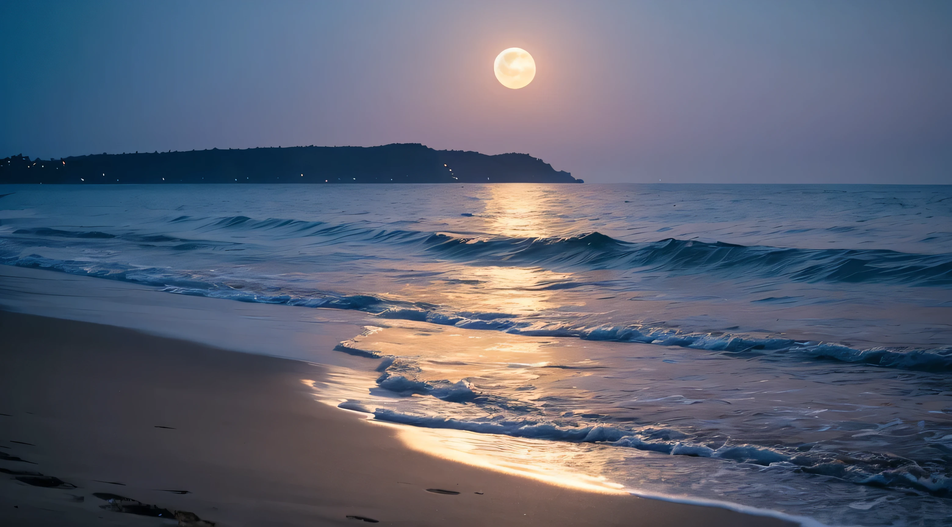 8K,Real、Moon over the Sea，slowly rise，Grow with the trends，Illuminating the sea at night。The moonlight shines on the waves，Silver layer of light，Like the sounds of countless heartbeats，Played a quiet nocturne。The sea breeze is gentle，With the freshness of seawater，Intertwined with the moonlight，Creates an atmosphere of tranquility and mystery。on the beach under the moonlight，The heart is purified，All sorrows ebb and flow with the tides.々disappear into，Only silence and peace remain。
