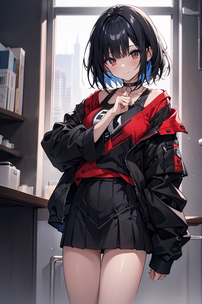 (masterpiece, highest quality, highest quality, (No text), Beautiful and aesthetic:1.2),No text,アニメ、BREAK,One Girl,Black Hair Girl short hair older sister choker Tree Eyes Beautiful eyes Red eyes cool smile Red and Black Black jacket mini skirt whole body In town