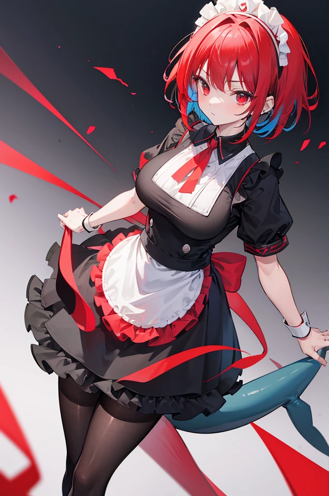 solo,1girl(big breast)(masterpiece, best quality:1.2),Ellen Jo，Zenless Zone Zero，alternate costume ,maid, shark tail, (shark girl:0.5), short hair，black hair，red eyes, tail, pantyhose,multicolored hair, black footwear, short sleeves, apron, wrist cuffs, maidheaddress, stockings, nyantchaellen joe, black hair, red hair，colored inner hair, multicolored hair, (red eyes:1.3), red hair, short hair, two-tone hair,apron, black pantyhose, black shirt, ear piercing,