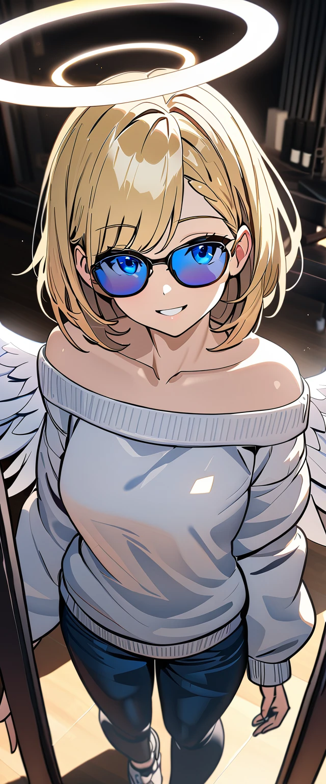((angel, big big white wings:1.3, halo:1.3)), ((from above)), (((sunglasses, hand to sunglasses))), (((full body))), archangel Uriel, ((wavy hair, inward curled hair)), evening, Sunset, ((blond hair, bob cut:1.3)), breasts, teenager, (looking at viewer), oversized clothes, puffy long sleeves, ((off-shoulder sweater:1.3, Quite thick shoulder straps)), ((white sweater)), collarbone, head tilt:1.3, (((blue eyes))), ((happy smile)), (((anime style))), (best quality, 4K, 8K, highres, masterpiece:1.2, ultra-detailed, ultra-detailed eyes, HDR, uhd, studio lighting, ultra-fine painting, sharp focus, physically-based rendering, extreme detail description, professional, vivid colors, bokeh)