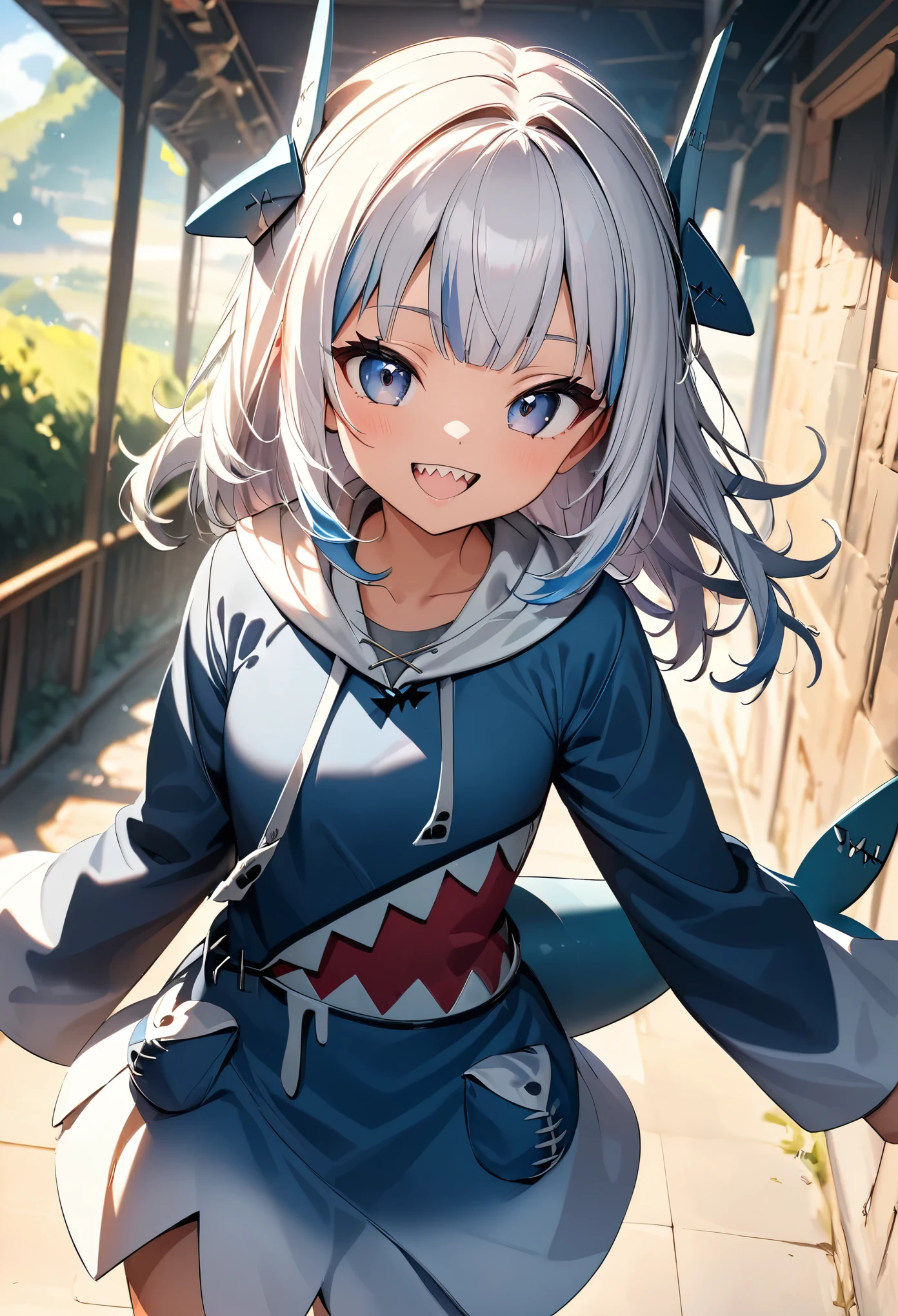 (Highest quality:1.24, Very detailed, Delicate and beautiful CG art, Detailed illustrations, High detail, masterpiece:1.2, Highest quality, Best aesthetics), (Anime Style:1.4), ((One girl, gawrgura)), Virtual YouTuber, HololiveEN, ((Shark headgear, Shark costume:1.4)), Shark Girl, Friendly atmosphere, Shiny Hair, Beautiful Skin, Detailed face and eyes, Glossy Lips, ((Mischievous Smile, Jagged teeth, Open your mouth)), Exquisitely crafted, 8K, Very detailedな, Perfect lighting, Spectacular Background