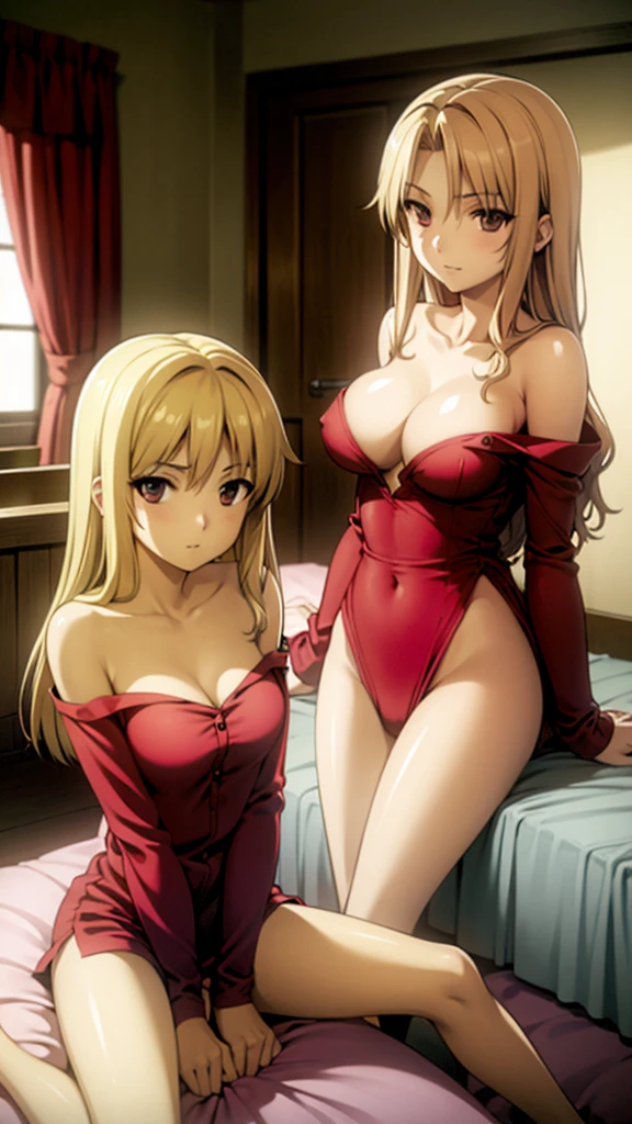 2 beautiful girls with blond hair and red eyes,Naked shoulder pajama set, medium , beautiful legs, changing clothes on big bed