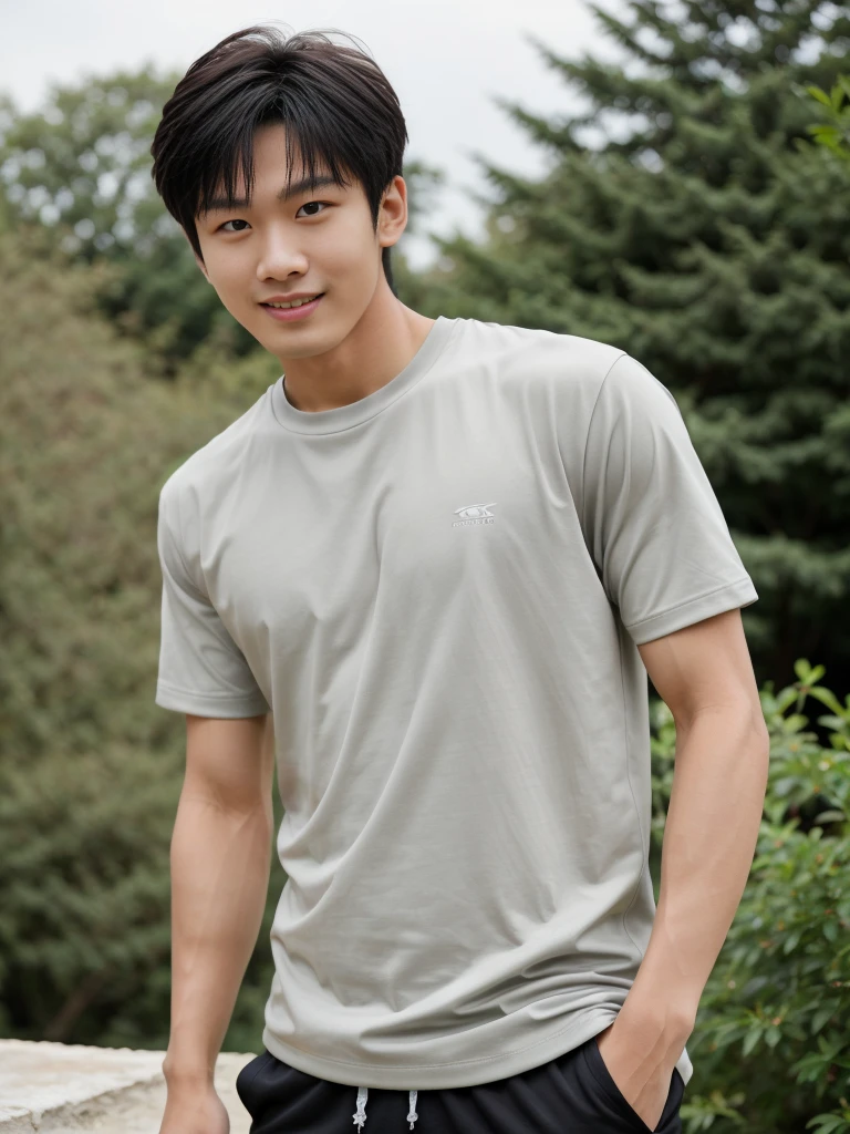 独奏: 1.5, (As a matter of fact, Masterpiece, 8k HD, good light quality, sportswear, fit the face, complicated details), A handsome, muscular young Korean man. , 20 years old, be happy, smile brightly, detailed face, delicate eyes, มองดูsky, Wearing a tight gray t-shirt:1.6, period, black eyes, Black hair color, ผมsmooth, smooth, outdoor sports, Along the garden, Sunny,sky，Surreal，Awesome details，Highest quality，real，Open your mouth to talk. , Close your eyes., field ,Run towards the camera.