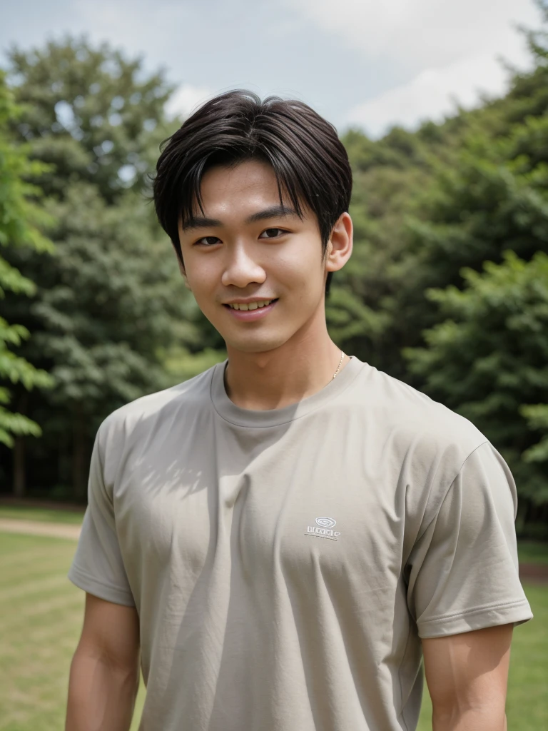 独奏: 1.5, (As a matter of fact, Masterpiece, 8k HD, good light quality, sportswear, fit the face, complicated details), A handsome, muscular young Korean man. , 20 years old, be happy, smile brightly, detailed face, delicate eyes, มองดูsky, Wearing a tight gray t-shirt:1.6, period, black eyes, Black hair color, ผมsmooth, smooth, outdoor sports, Along the garden, Sunny,sky,Surreal,Awesome details,Highest quality,real,Open your mouth to talk. , Close your eyes., field ,Run towards the camera.