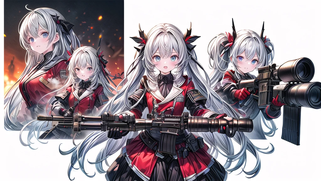 One girl、Dynamic configuration、[17277fbe68],threatened hideo、high quality、Maximum details、(((最high quality、最高masterpiece、Official Art、最高のDynamic configuration)))、(Thin Hair)、(Tabletop, 最high quality), Very detailed, Anime Style, Concept Art、whole body, (masterpiece), 最high quality, Fantasy art,whole body、masterpiece、最high quality、(colorful)、（Beautifully detailed eyes and face）、Cinema Lighting、Extremely detailed CG、Super huge、whole body、wallpaper、Uniforms with weapons in Wonderland, (((Everybody wears black and red ))), Ammunition belt, gun, machine gun, gatling gun, hand gun,weapons,Barren Land、White Background、