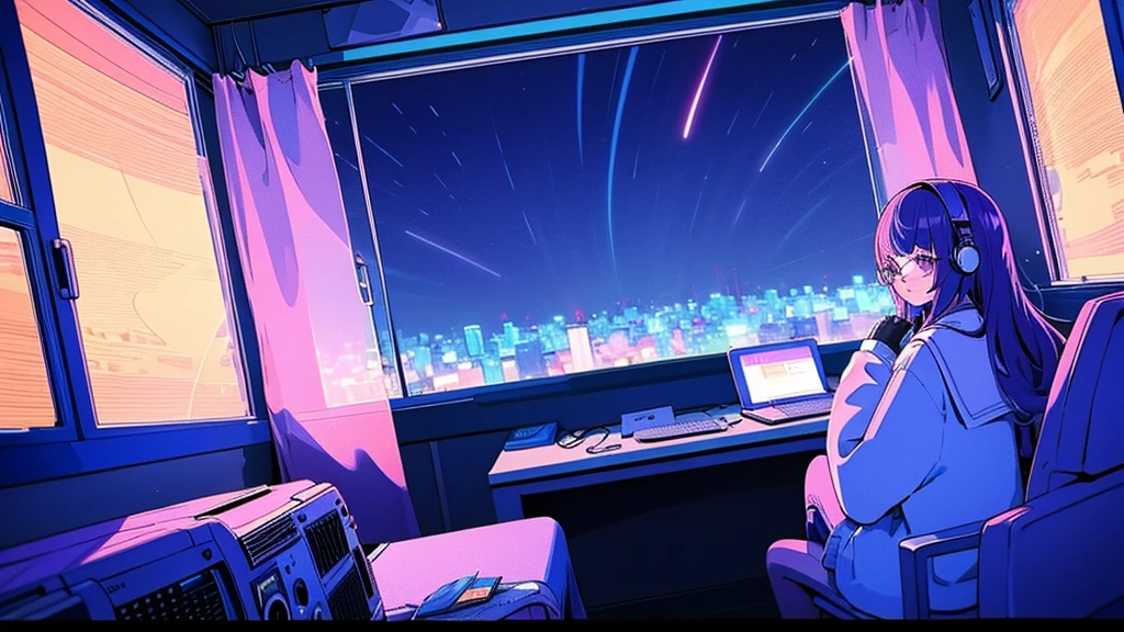 (from behind), Anime girl sitting in front of a computer in a cozy bedroom, Girl listening to music while studying in a cozy room (night), round glasses, Using headphones, on the roof, (beautiful night views from windows), lots of things, 2D anime style, The aesthetics of anime in the 90s, lo-fi,  long hair, very detailed, Hard disk, A mix of anime style and Fujifilm, surreal, 8K, masterpiece, violet eyes,black gloves, round glasses, long sleeves,violet hair, Flat Chest, smile, pantyhose