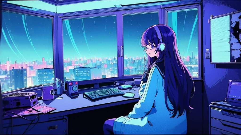 (from behind), Anime girl sitting in front of a computer in a cozy bedroom, Girl listening to music while studying in a cozy room (night), round glasses, Using headphones, on the roof, (beautiful night views from windows), lots of things, 2D anime style, The aesthetics of anime in the 90s, lo-fi,  long hair, very detailed, Hard disk, A mix of anime style and Fujifilm, surreal, 8K, masterpiece, violet eyes,black gloves, round glasses, long sleeves,violet hair, Flat Chest, smile, pantyhose