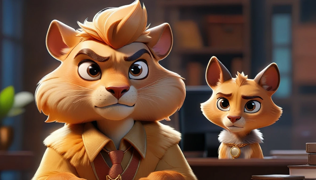 male and professional human animated avatar looking at camera, golden fur, adult human facial features, It is, expresion facial friendly y carismatica, large eyes, expressive. gold and silver aspects, sitting at a desk with a room background, friendly, looking forward looking at the camera