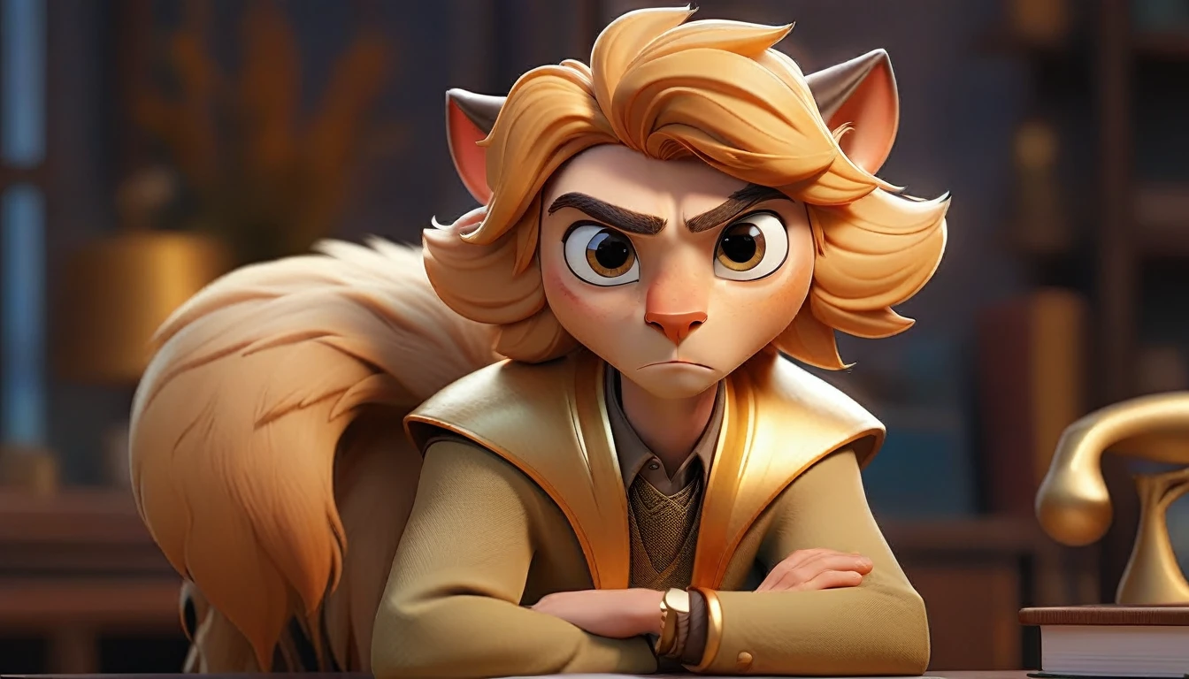 male and professional human animated avatar looking at camera, golden fur, adult human facial features, It is, expresion facial friendly y carismatica, large eyes, expressive. gold and silver aspects, sitting at a desk with a room background, friendly, looking forward looking at the camera
