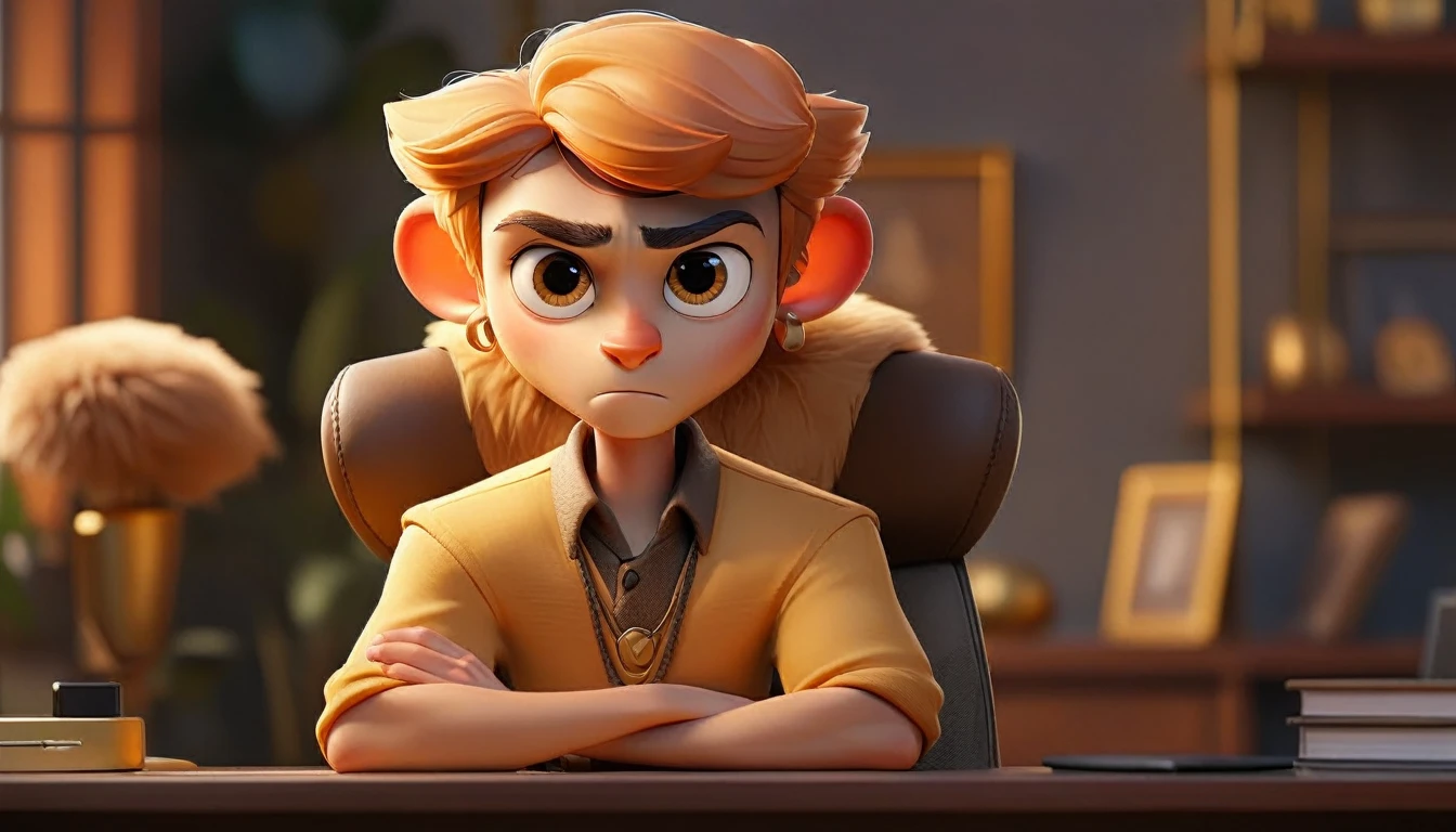 male and professional human animated avatar looking at camera, golden fur, adult human facial features, It is, expresion facial friendly y carismatica, large eyes, expressive. gold and silver aspects, sitting at a desk with a room background, friendly, looking forward looking at the camera