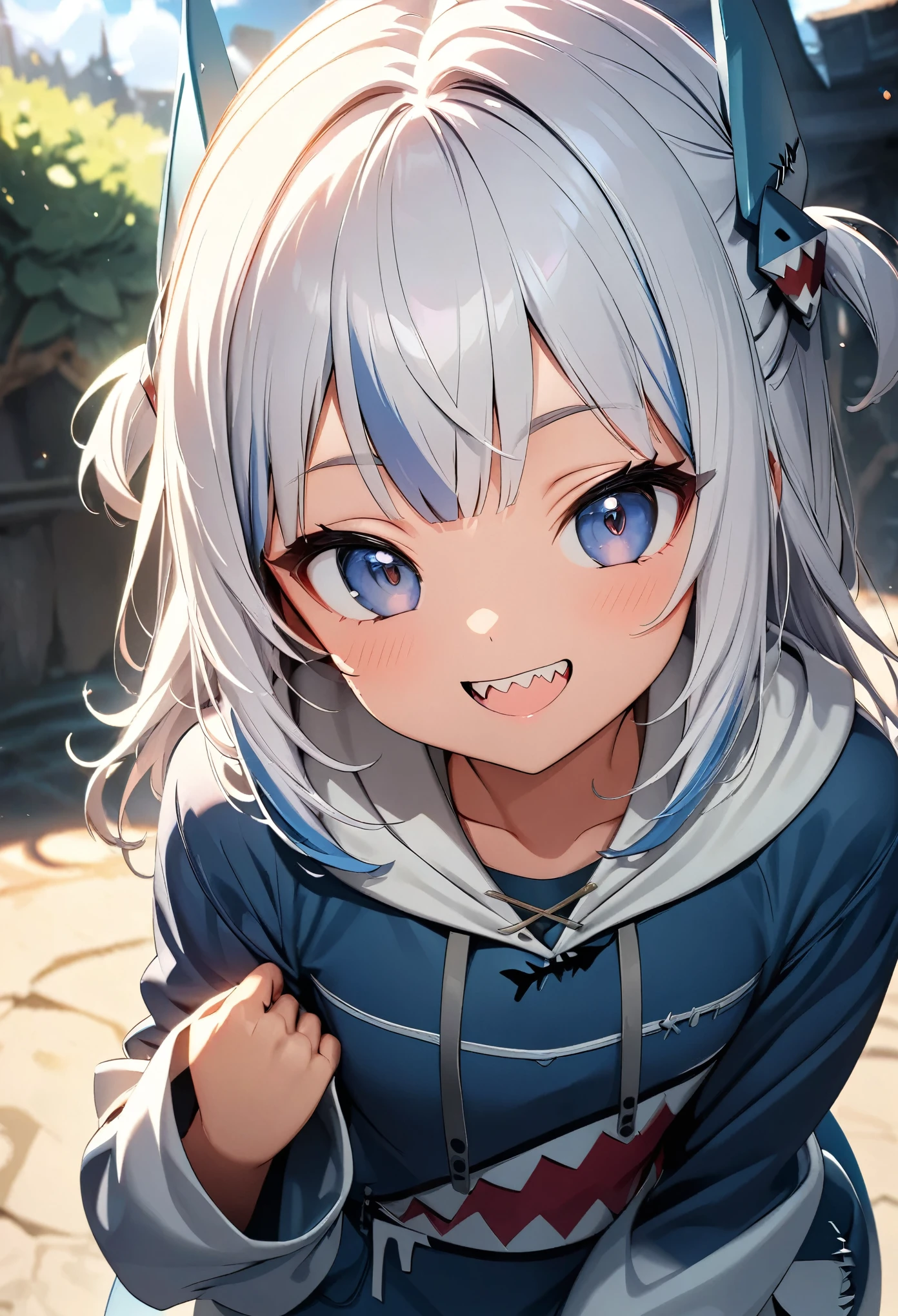 (Highest quality:1.24, Very detailed, Delicate and beautiful CG art, Detailed illustrations, High detail, masterpiece:1.2, Highest quality, Best aesthetics), (Anime Style:1.4), ((One girl, gawrgura)), Virtual YouTuber, HololiveEN, ((Shark headgear, Shark costume:1.4)), Shark Girl, Friendly atmosphere, Shiny Hair, Beautiful Skin, Detailed face and eyes, Glossy Lips, ((Mischievous Smile, Jagged teeth, Open your mouth)), Exquisitely crafted, 8K, Very detailedな, Perfect lighting, Spectacular Background