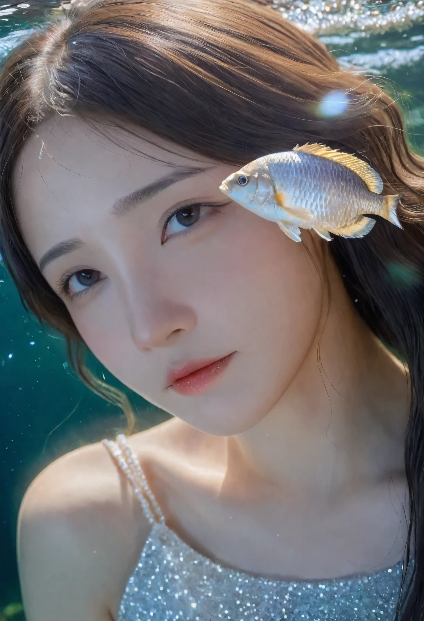 Imagine a girl walking out of a clear lake, Her head and bare shoulders are above the waterline.
Her long hair flutters,Intertwined with pearls, shell, and seaweed in the water.
nearby, You should see a few fish swimming around., Their scales glitter in the light.
Sunlight should penetrate the water, Creates a sparkling and ripple effect around the girl.
Images should be captured in RAW photo quality, Emphasis on realism and photorealism.
The composition should be clean, Focus on the details, And because of its extremely detailed, High resolution image quality.
Shadows and light should be carefully handled,To create the best illustrations and shadow effects, Use bright lights to highlight the overall scene.