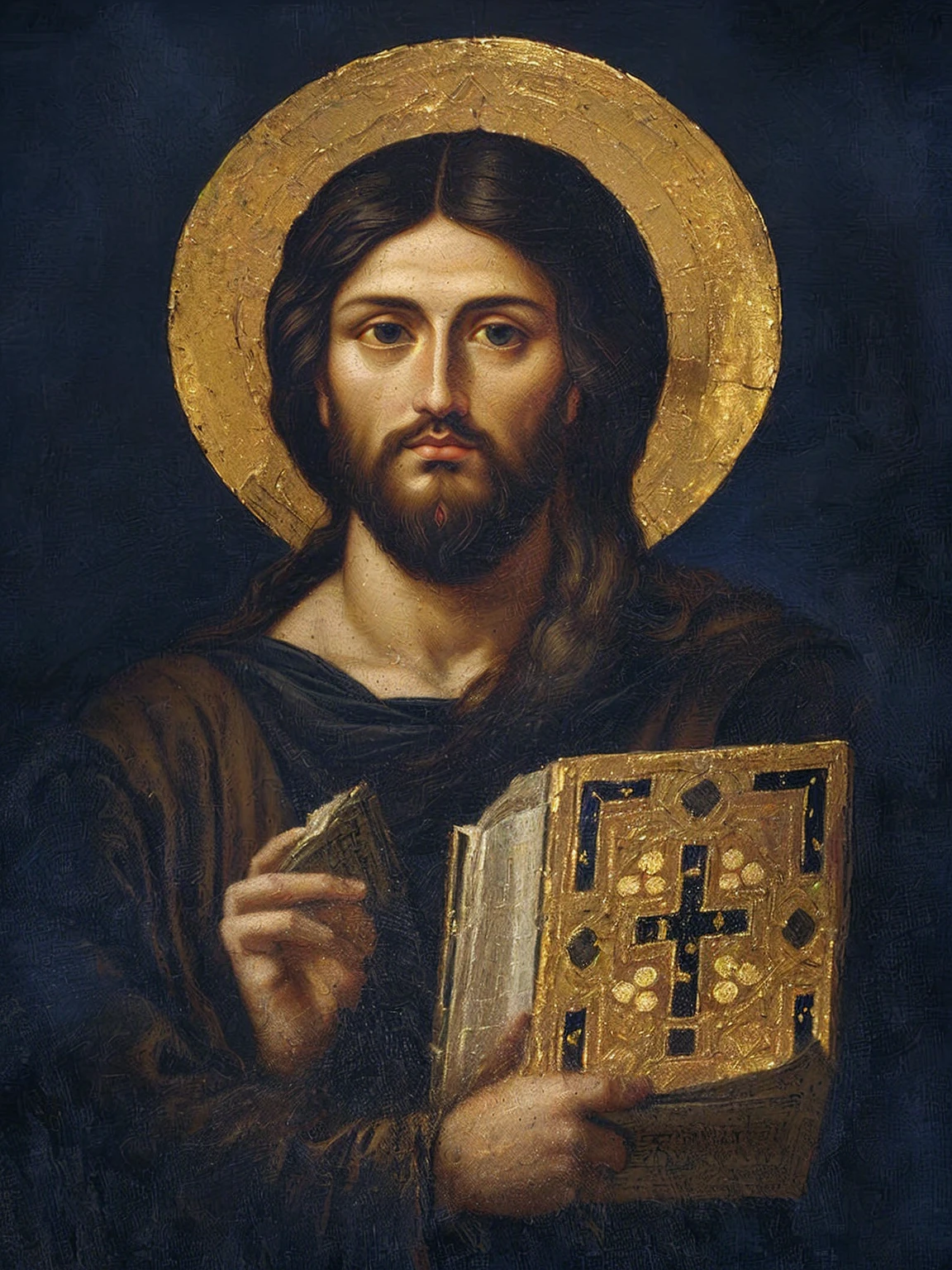 A close up of a painting of Jesus holding a book, by Cimabue, inspired by Cimabue, 🎨🖌, orthodox saint, holy iconography, jesus face, by Duccio, JesusChrist, cyberpunk JesusChrist, religious iconography, orthodox icon, byzantine painting, Christian art, inspired by Nicomachus of Thebes, orthodox christianity, (Foto RAW, real, best qualityer, Masterpiece artwork: 1.2), (Hiper realisitic, realisitic: 1.2), high qualiy, (dark ilumination: 1.2), perfect lighting, Lightroom, 35mm films, cinemactic, dimmed colors, dark shot, Muted colours, grainy film, lute, insane details, intricate details