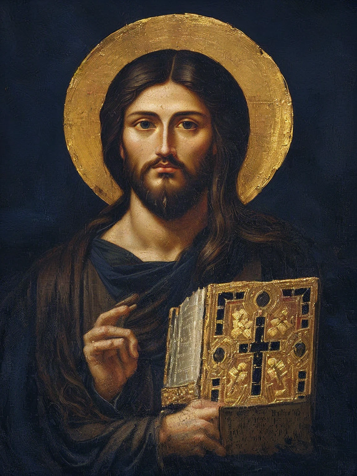 A close up of a painting of Jesus holding a book, by Cimabue, inspired by Cimabue, 🎨🖌, orthodox saint, holy iconography, jesus face, by Duccio, JesusChrist, cyberpunk JesusChrist, religious iconography, orthodox icon, byzantine painting, Christian art, inspired by Nicomachus of Thebes, orthodox christianity, (Foto RAW, real, best qualityer, Masterpiece artwork: 1.2), (Hiper realisitic, realisitic: 1.2), high qualiy, (dark ilumination: 1.2), perfect lighting, Lightroom, 35mm films, cinemactic, dimmed colors, dark shot, Muted colours, grainy film, lute, insane details, intricate details