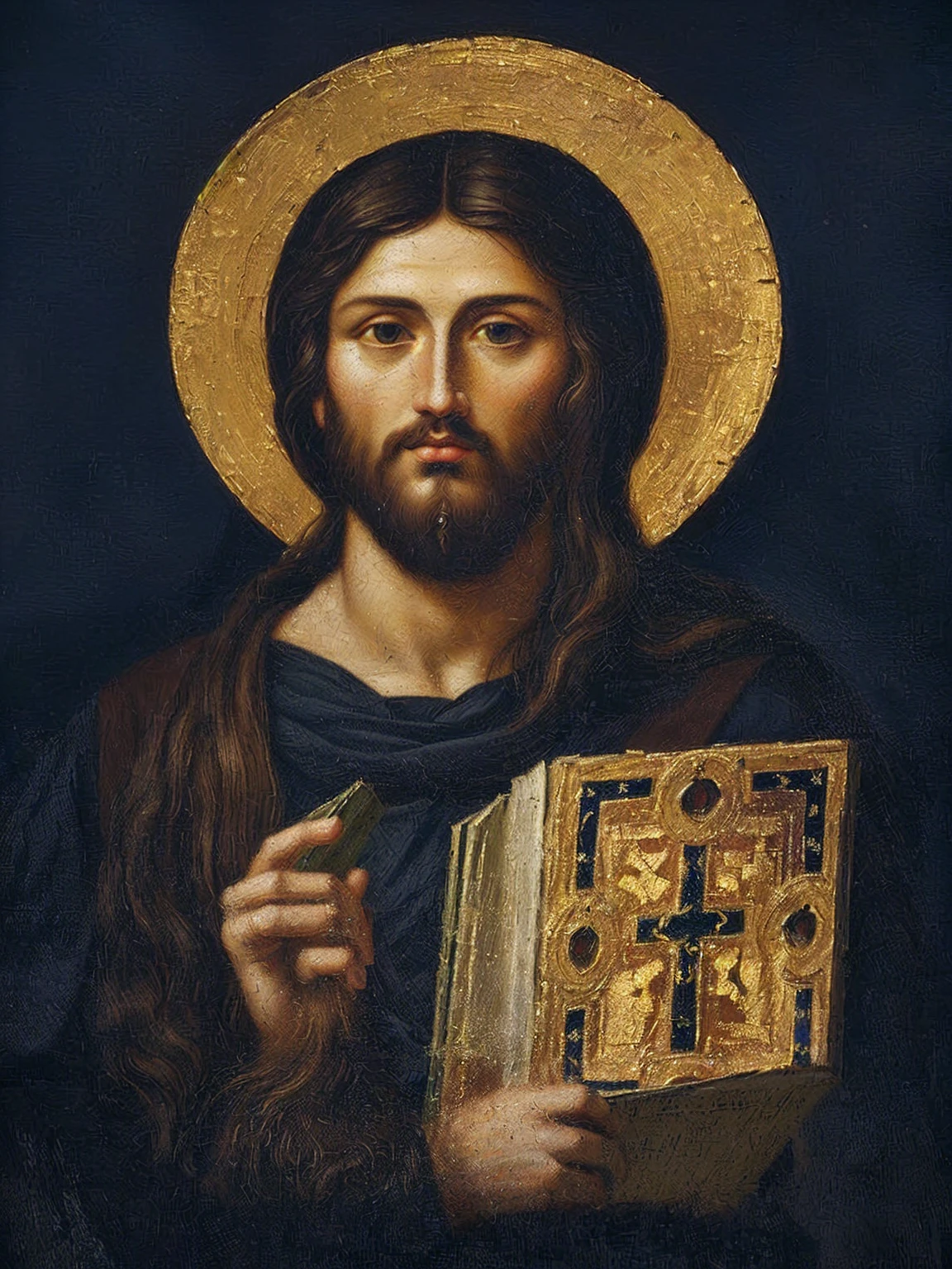 A close up of a painting of Jesus holding a book, by Cimabue, inspired by Cimabue, 🎨🖌, orthodox saint, holy iconography, jesus face, by Duccio, JesusChrist, cyberpunk JesusChrist, religious iconography, orthodox icon, byzantine painting, Christian art, inspired by Nicomachus of Thebes, orthodox christianity, (Foto RAW, real, best qualityer, Masterpiece artwork: 1.2), (Hiper realisitic, realisitic: 1.2), high qualiy, (dark ilumination: 1.2), perfect lighting, Lightroom, 35mm films, cinemactic, dimmed colors, dark shot, Muted colours, grainy film, lute, insane details, intricate details