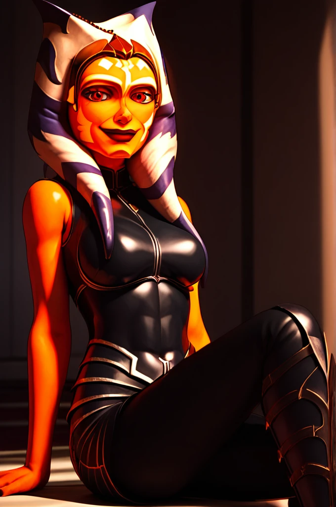 score_9, score_8_up, score_7_up, score_6_up, score_5_up, score_4_up, AhsokaTanoXL, red eyes, tentacle hair, orange skin, colored skin, facial mark, large breasts, black latex dress, skirt, black pants, bare shoulders, guantlets, hip armor, skirt,black pants, black higheeld boots, solo, sitting, evil smile, looking at viewer, indoors