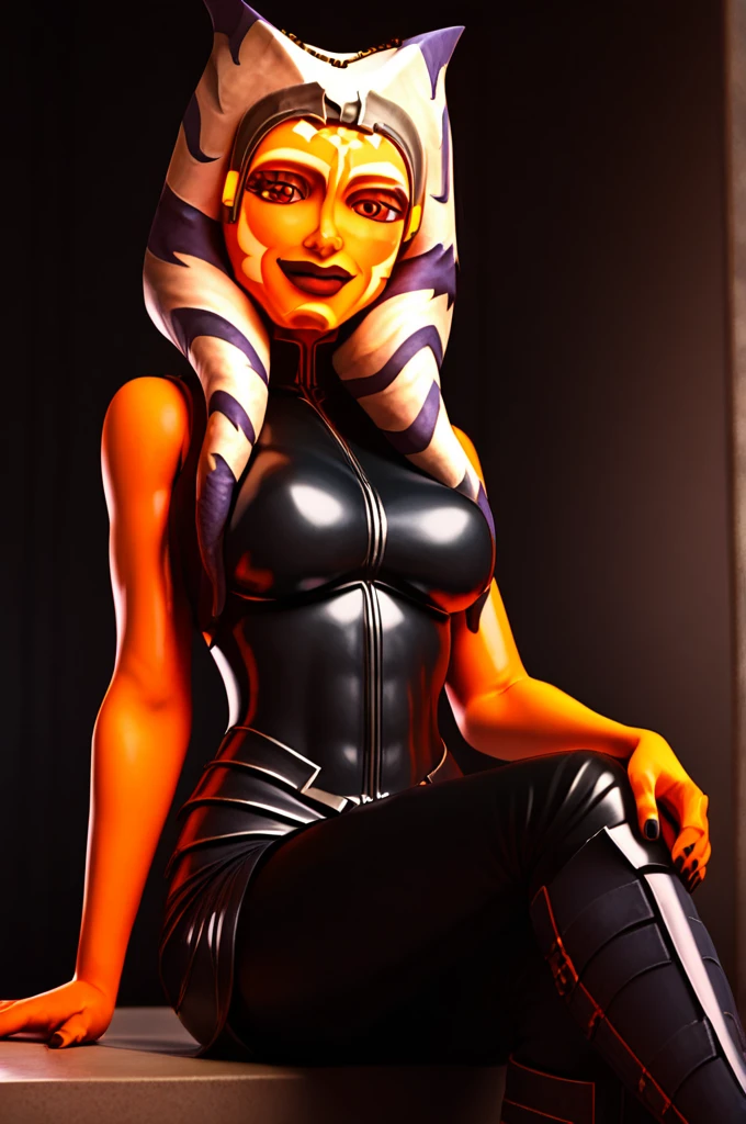 score_9, score_8_up, score_7_up, score_6_up, score_5_up, score_4_up, AhsokaTanoXL, red eyes, tentacle hair, orange skin, colored skin, facial mark, large breasts, black latex dress, skirt, black pants, bare shoulders, guantlets, hip armor, skirt,black pants, black higheeld boots, solo, sitting, evil smile, looking at viewer, indoors 