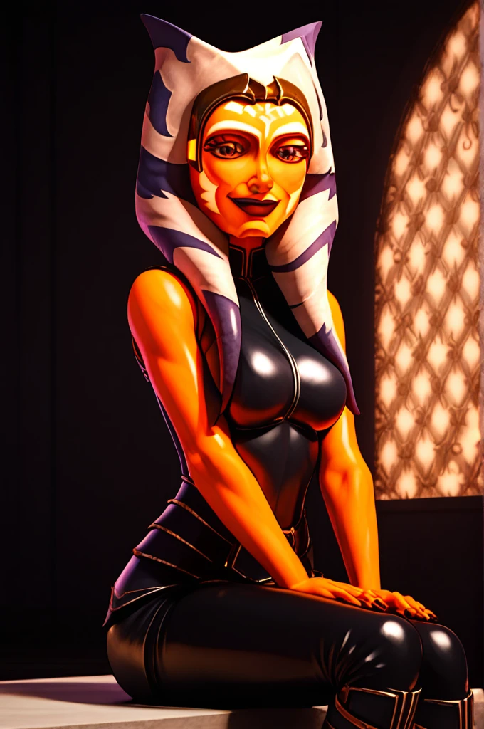 score_9, score_8_up, score_7_up, score_6_up, score_5_up, score_4_up, AhsokaTanoXL, red eyes, tentacle hair, orange skin, colored skin, facial mark, large breasts, black latex dress, skirt, black pants, bare shoulders, guantlets, hip armor, skirt,black pants, black higheeld boots, solo, sitting, evil smile, looking at viewer, indoors 