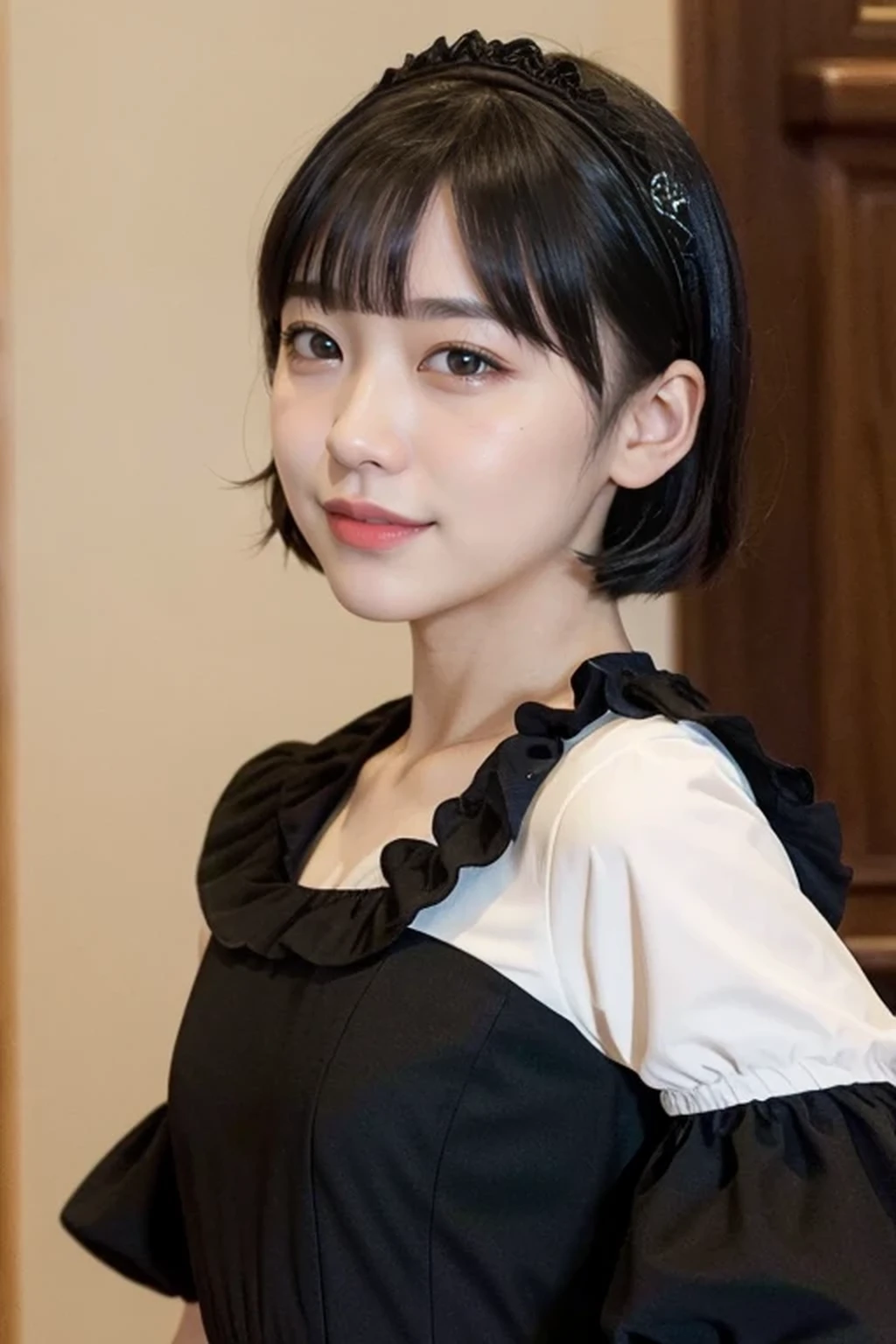 gothic lolita,fine-grained cloth ,frilled mini skirt,puffy sleeves,juliet sleeves, hairband, one girl, , 8k, RAW photo, best quality, masterpiece, realistic, photo-realistic, clear, professional lighting, BREAK, no makeup face, smile, BREAK, (short cut hair, small breasts:1.2), (looking back:1.2), black eyes, black hair