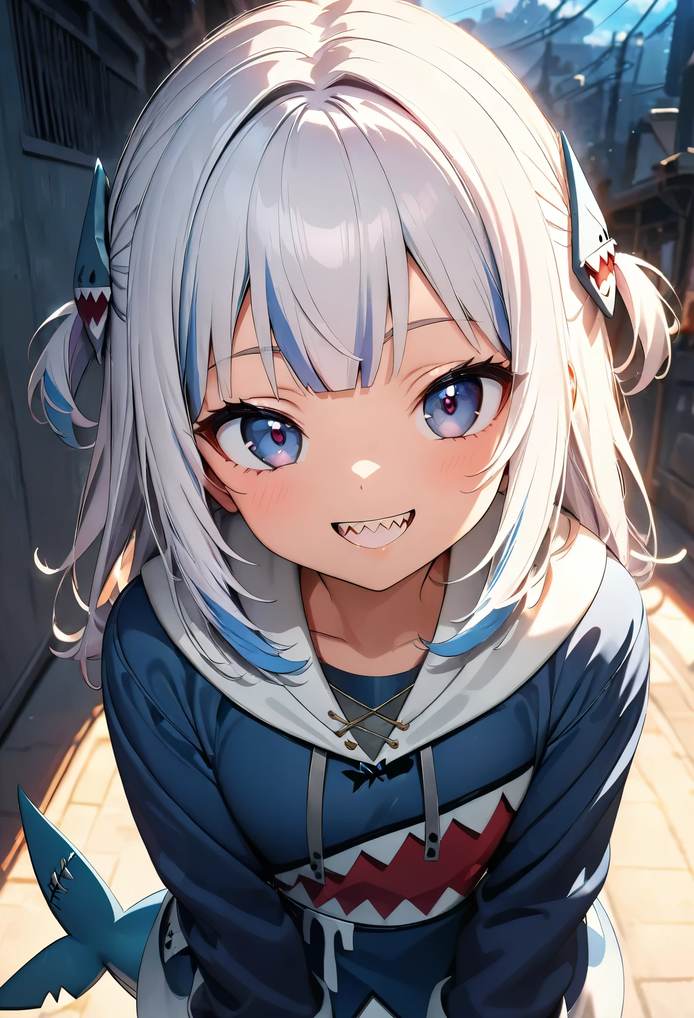 (Highest quality:1.24, Very detailed, Delicate and beautiful CG art, Detailed illustrations, High detail, masterpiece:1.2, Highest quality, Best aesthetics), (Anime Style:1.4), ((One girl, gawrgura)), Virtual YouTuber, HololiveEN, ((Shark headgear, Shark costume:1.4)), Shark Girl, Friendly atmosphere, Shiny Hair, Beautiful Skin, Detailed face and eyes, Glossy Lips, ((Mischievous Smile, Jagged teeth, Open your mouth)), Exquisitely crafted, 8K, Very detailedな, Perfect lighting, Spectacular Background