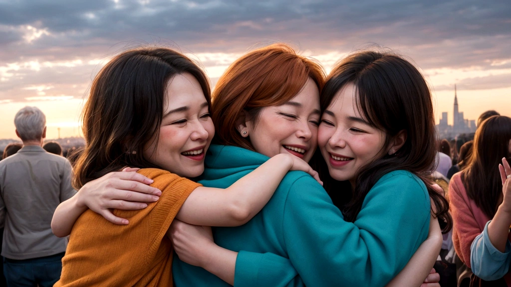 "Description: Illustrate a touching scene of Don Piper surrounded by loved ones who had passed away. Show joyful reunions with hugs and smiles, set against the backdrop of the celestial city.
Details: Use warm, glowing colors to depict the happiness and peace of these reunions. Include diverse representations of people to emphasize the universal nature of this experience. This visual should evoke the emotional depth and comfort of being reunited with loved ones in Heaven."