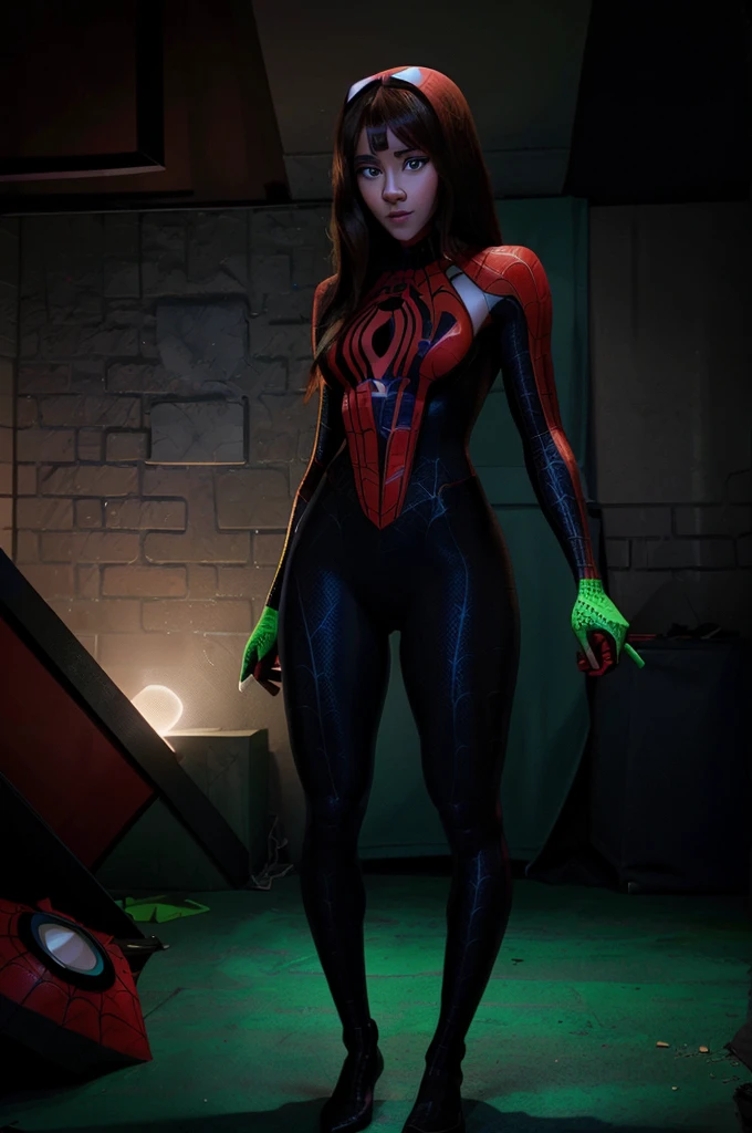 a  gir look,l with long dark brown hair, she has green eyes, almond shaped eyes but slightly doe-shaped, heart-shaped lips and plump, she has a csinuous hips only hips, , she is beautiful, she has an oval round face, she has two moles on the corner of the mouth, light medium skin, ((spiderwoman black costume cosplay)), cosplay spiderman, clothes, she wearing a costume of spiderwoman, spiderverse she wearing complete suits of spiderwoman, cosplay of spiderwoman complete, no naked ((no naked)) (no nude), with garets ((light green eyes)), black costume and dark red, medium legs, little medium shoulders, garter's sinuous hips, body suits spiderwoman
