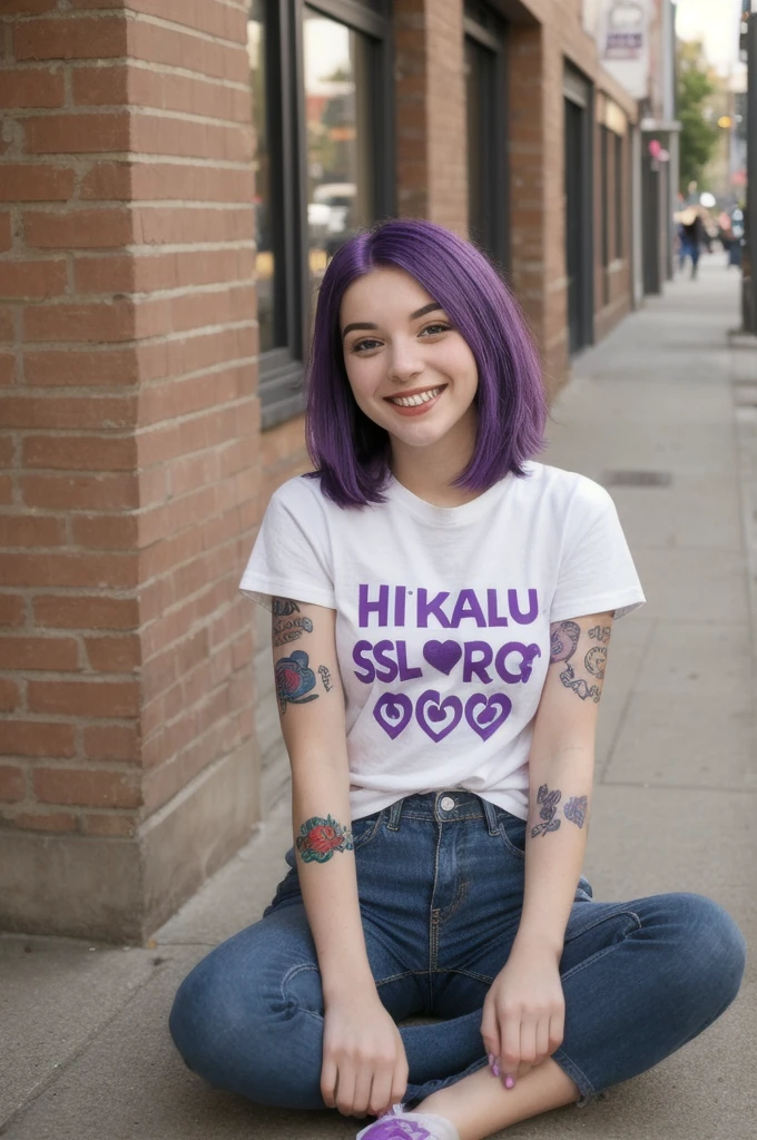 Street photo of a young woman with purple hair, smile, Happy, Cute T-Shirts, Tattoo on her arm, Sit in a 50's diner , show panties,