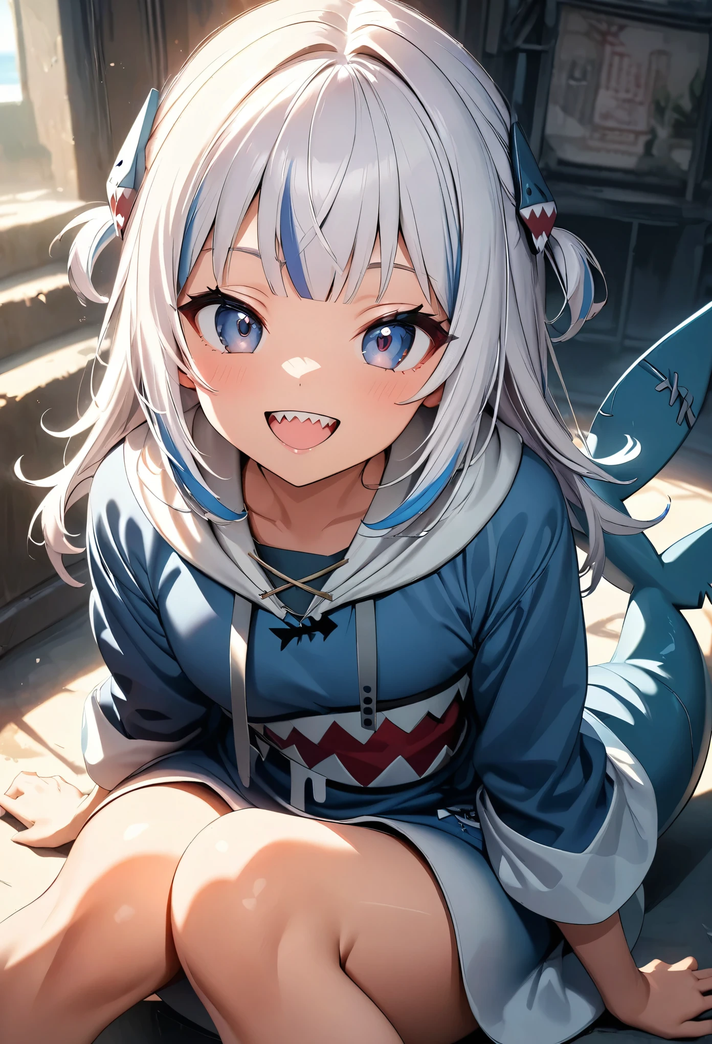 (Highest quality:1.24, Very detailed, Delicate and beautiful CG art, Detailed illustrations, High detail, masterpiece:1.2, Highest quality, Best aesthetics), (Anime Style:1.4), ((One girl, gawrgura)), Virtual YouTuber, HololiveEN, ((Shark headgear, Shark costume:1.4)), Shark Girl, Friendly atmosphere, Shiny Hair, Beautiful Skin, Detailed face and eyes, Glossy Lips, ((Mischievous Smile, Jagged teeth, Open your mouth)), Exquisitely crafted, 8K, Very detailedな, Perfect lighting, Spectacular Background