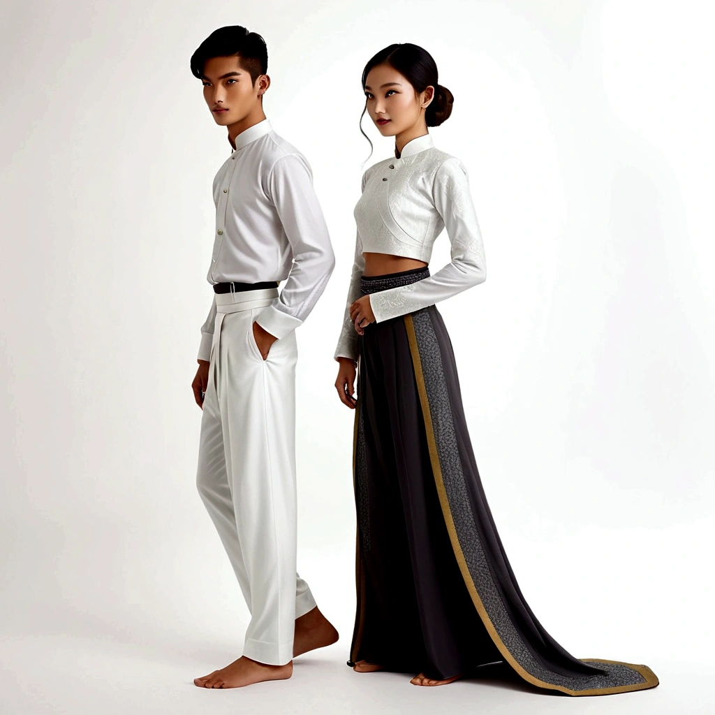 candid fashion illustration of young man and woman, both aged 20 year old, ((showcase fashion in a White Northern Thai Lanna costume outfits)), in elegant luxury style, The man wears a simple long-sleeved white shirt with Lanna details, paired with pants. The woman complements him with white A tubular skirt that is handwoven and often features intricate patterns. It is usually worn ankle-length and is wrapped around the waist, A fitted, often intricately decorated blouse that complements the skirt. Captured in a low angle, ((full-body image)), (full-body pose)), ((white studio background)), realistic color pencil lines, perfect drawing, charcoal lines, fading sketch, quick Sketch, soft light,