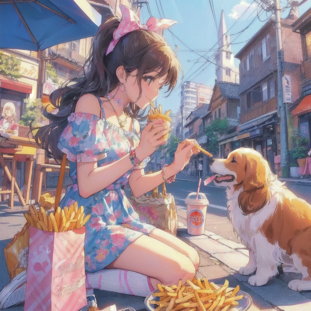 Anime girl feeding french fries to a dog on the street, smile,praise girl, praise art, praise artstyle, praise, 80s anime style 4k, summer,80&#39;s Town,Showa Town,Japanese art style, Anime-style illustrations, Cute and detailed artwork, praise vibes, Beautiful and detailed anime art, Cute art style, , Realistic Anime 3D Style, Anime-style artwork, Japanese manga style