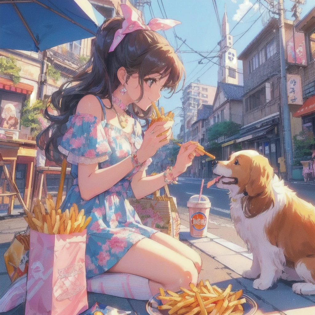 Anime girl feeding french fries to a dog on the street, smile,praise girl, praise art, praise artstyle, praise, 80s anime style 4k, summer,80's Town,Showa Town,Japanese art style, Anime-style illustrations, Cute and detailed artwork, praise vibes, Beautiful and detailed anime art, Cute art style, , Realistic Anime 3D Style, Anime-style artwork, Japanese manga style