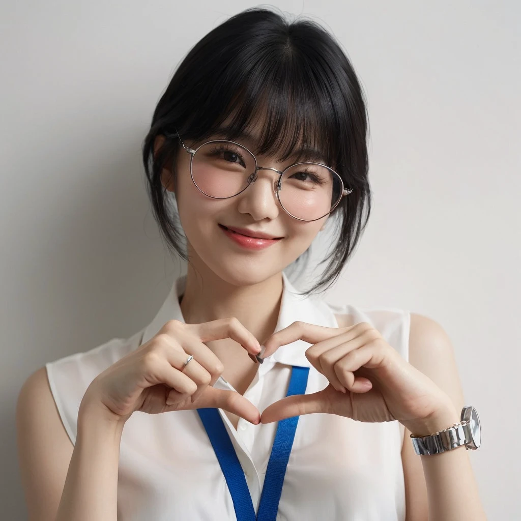 A korean female with medium black hair wearing large glasses is forming a heart shape with their hands. They are dressed in a sleeveless white blouse and have a blue lanyard around their neck. The expression is cheerful, with a smile and a wink. The background is clean and minimalistic with a white wall.