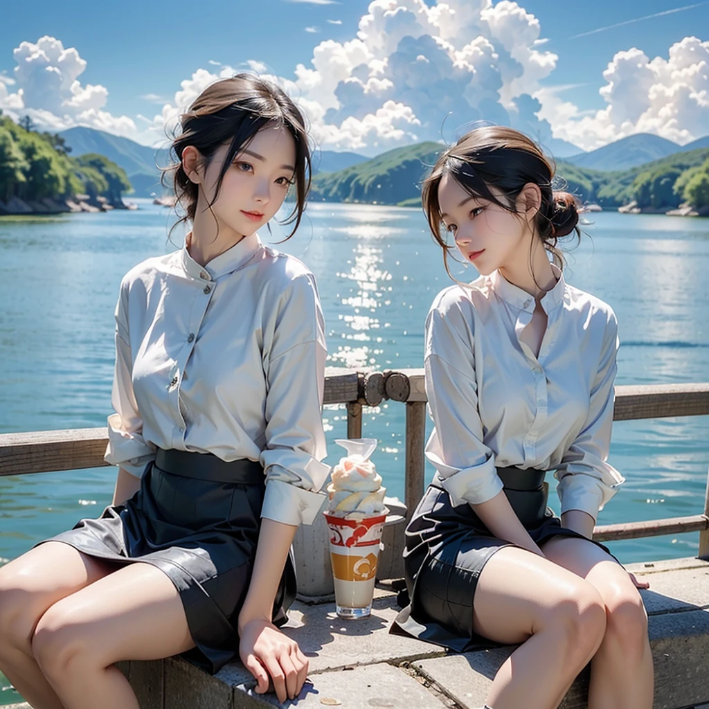 (masterpiece),(Intricate details),1人of女of子,Mature Woman,茶色of目,ボリュームofあるアフロ, ,Big Break
,rib cage,Pencil Skirt,socks,Talk,depth of field,View your viewers,Random View,((sit , piece_of_land_Surrounded_by_water,)),((Upper Body)),笑いofBREAKof日,sun,rainbow,flower,Ice cream shop,((Cumulonimbus)),From the side:1.3