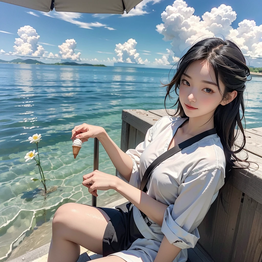 (masterpiece),(Intricate details),1人of女of子,Mature Woman,茶色of目,ボリュームofあるアフロ, ,Big Break
,rib cage,Pencil Skirt,socks,Talk,depth of field,View your viewers,Random View,((sit , piece_of_land_Surrounded_by_water,)),((Upper Body)),笑いofBREAKof日,sun,rainbow,flower,Ice cream shop,((Cumulonimbus)),From the side:1.3