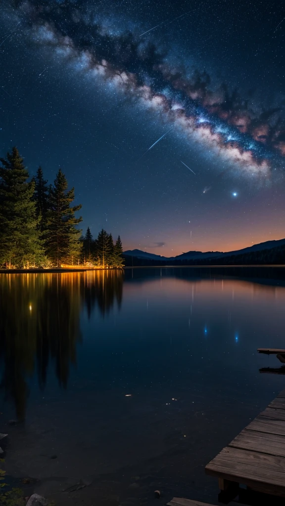 night，Lake，firefly，silence，best quality，8K，Shock，Meteor Showers。