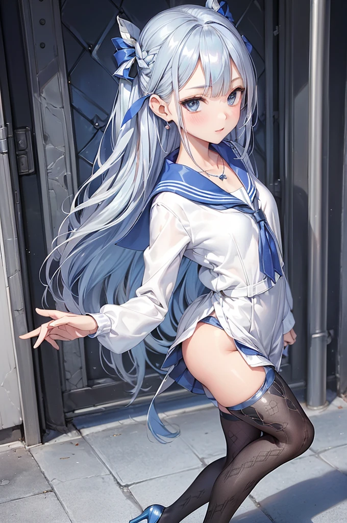 ((Biologically correct limb count)),(( From head to toe,Full-body photo including face)),4K,((Standing position)),masterpiece,((Focus on the face)),((Symmetrical facial features)),Eyes with detailed description,Beautiful woman,Great style,Beautiful arms,Beautiful legs,Beautiful Hands,(Small Ass,Thin thighs),Facial detailing,Small earrings,necklace,(Sailor suit,mini skirt((High heels,Patterned stockings))),((Meeting at the school gate)),Silk gloves,(((Blue and silver hair))),Realistic photo