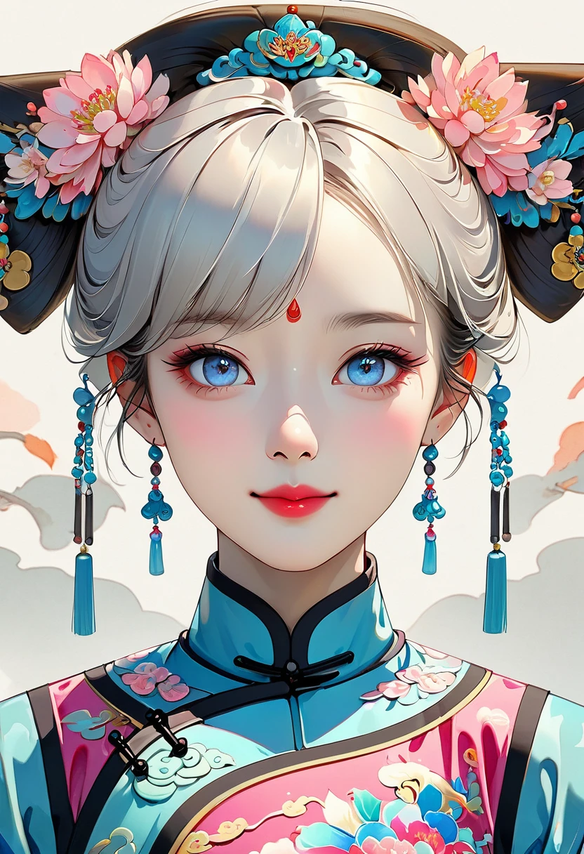 Fine brushwork,2d,Colored pencils,fine digital art,Clean lines,Beautiful Chinese Qing Dynasty Princess,Bright Eyes,Exquisite facial features,Smile,symmetry,Delicate hair,Qing Dynasty Clothing,Clean background,Bright colors,High Saturation