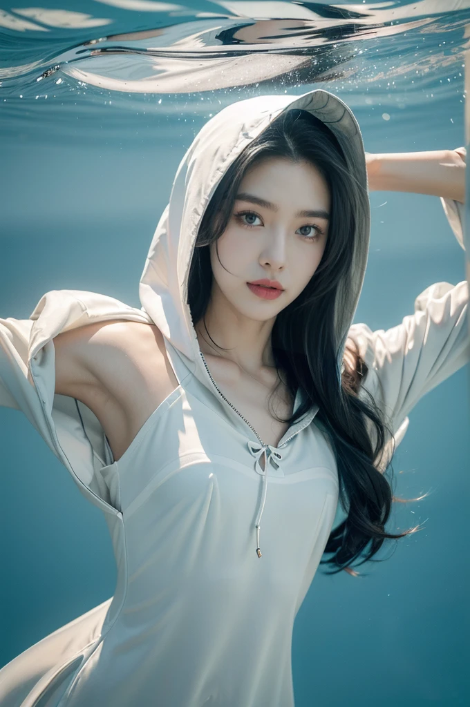(((best quality))),(((ultra detailed))),(((masterpiece))),illustration,(1 beautiful girl,shark girl,solo),((slim,thin,small breasts,flat chest)),aquarium,summer night,(sleek sharkhead-hooded shirt-dress:1.3),shimmering hues,enchanting aura,(shoulder length straight bob hair:1.2),ocean-blue locks,shiny seaweed,porcelain skin,neon lights,emerald eyes,sharp gaze,delicate shark fin,translucent membrane,dancing fish,vibrant colors,undulating water,salty scent,distant waves,coral reef,gentle shadows,serene ambiance,electric atmosphere,Alezandra,oceanic magic,allure,enchantment,vision,extraordinary presence,((from front,upper body))