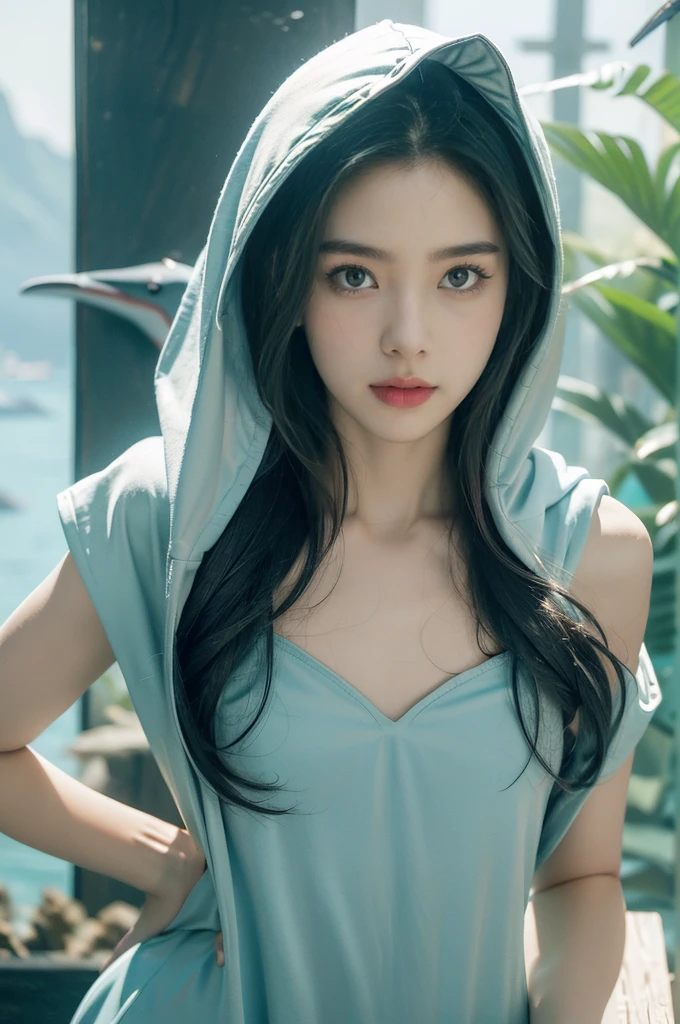(((best quality))),(((ultra detailed))),(((masterpiece))),illustration,(1 beautiful girl,shark girl,solo),((slim,thin,small breasts,flat chest)),aquarium,summer night,(sleek sharkhead-hooded shirt-dress:1.3),shimmering hues,enchanting aura,(shoulder length straight bob hair:1.2),ocean-blue locks,shiny seaweed,porcelain skin,neon lights,emerald eyes,sharp gaze,delicate shark fin,translucent membrane,dancing fish,vibrant colors,undulating water,salty scent,distant waves,coral reef,gentle shadows,serene ambiance,electric atmosphere,Alezandra,oceanic magic,allure,enchantment,vision,extraordinary presence,((from front,upper body))