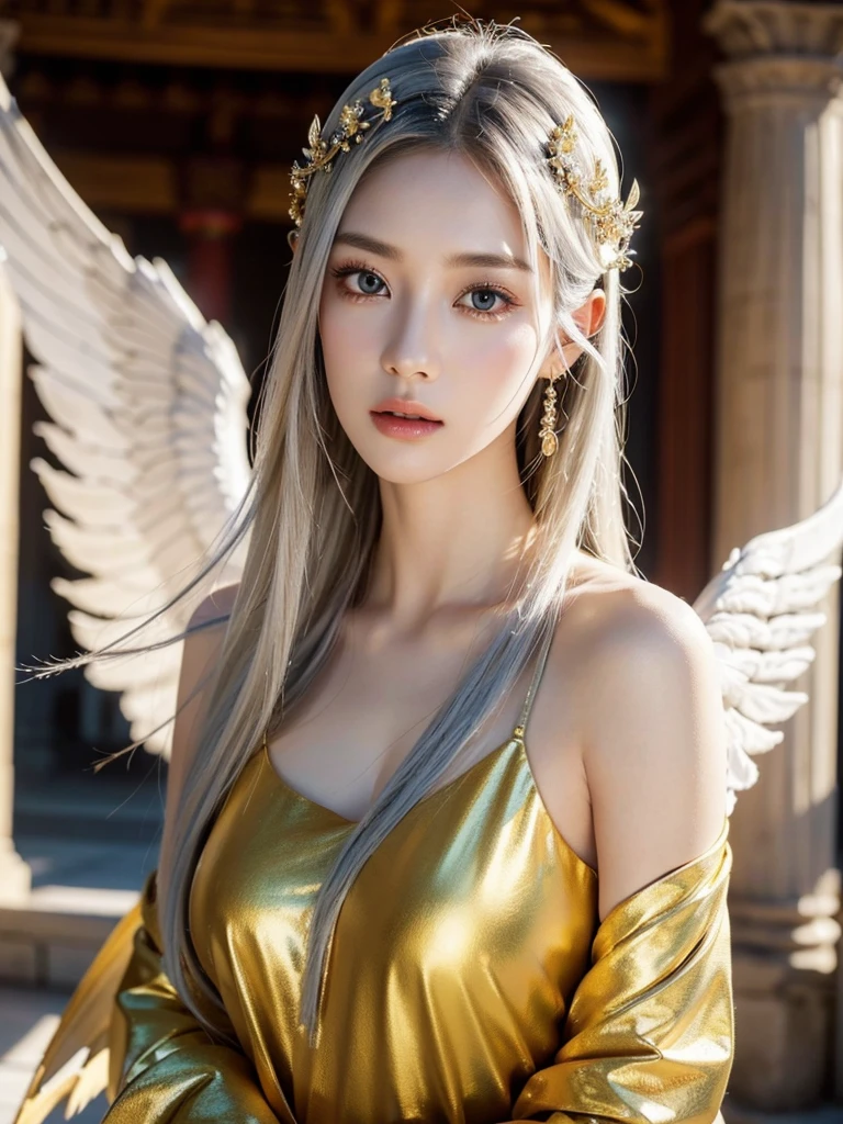 1girl, beautiful detailed eyes, beautiful detailed lips, extremely detailed eyes and face, long eyelashes, silver hair, pale skin, flawless skin, ornaments, ancient temple, dramatic lighting, ethereal, elegant, serene, vibrant colors, glowing skin, delicate features, intricate details, (best quality,8K,highres,masterpiece:1.2),ultra-detailed,(realistic,photorealistic,photo-realistic:1.37), Korean national costume, golden ornaments, ancient ruins, ancient creature, winged humanoid, majestic, divine, mythical, fantasy, surreal