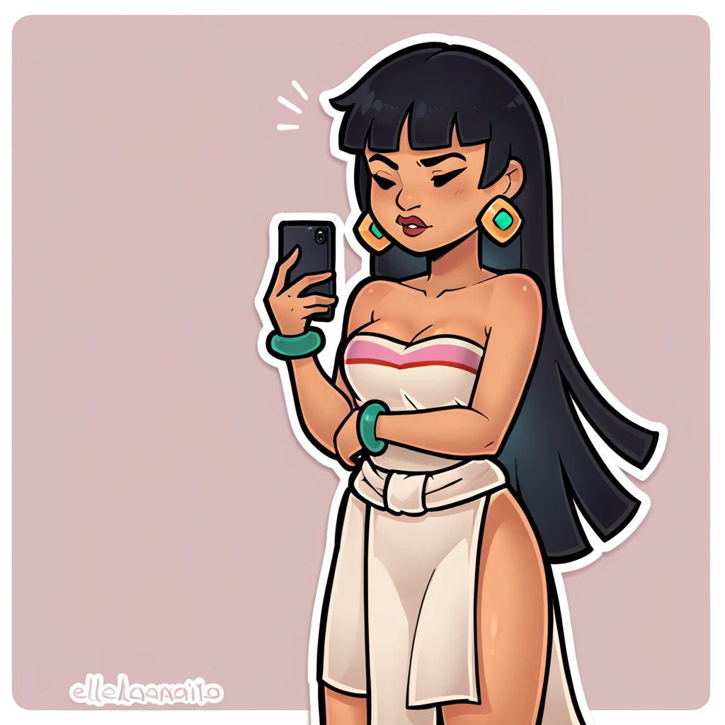 score_9_presence, score_8_up, chel, el dorado, wrapped in towel, medium breasts, holding phone