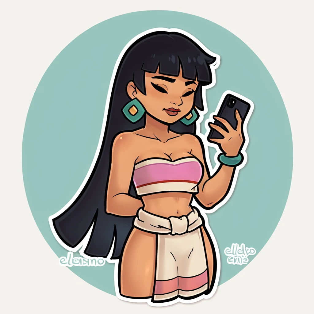 score_9_presence, score_8_up, chel, el dorado, wrapped in towel, medium breasts, holding phone