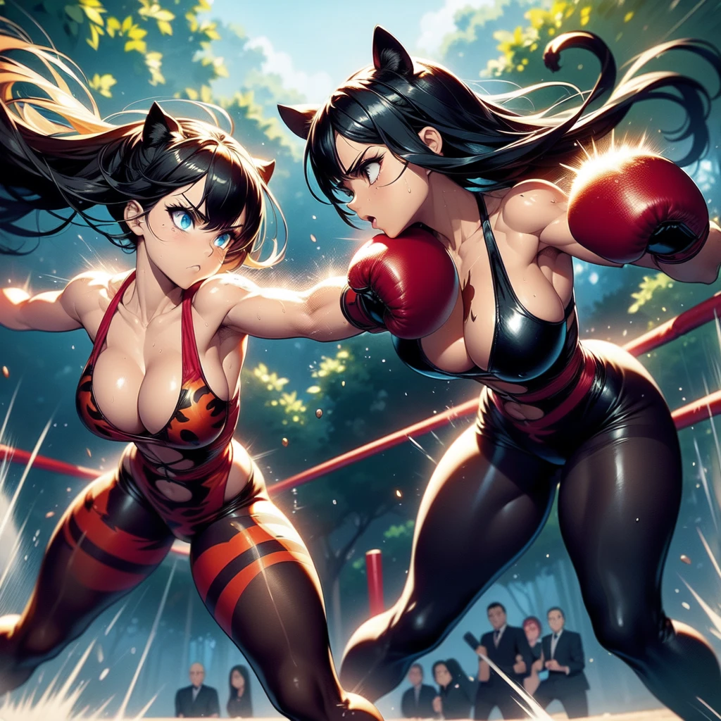 NSFW , In the Jungle , Jungle defense fight , minimum Weak Human and Giantess Strong Panther , Fullbody shot , Wear Panther pattern Monokini swimsuit with pantyhose , Female boxing Face to face, So huge breasts.