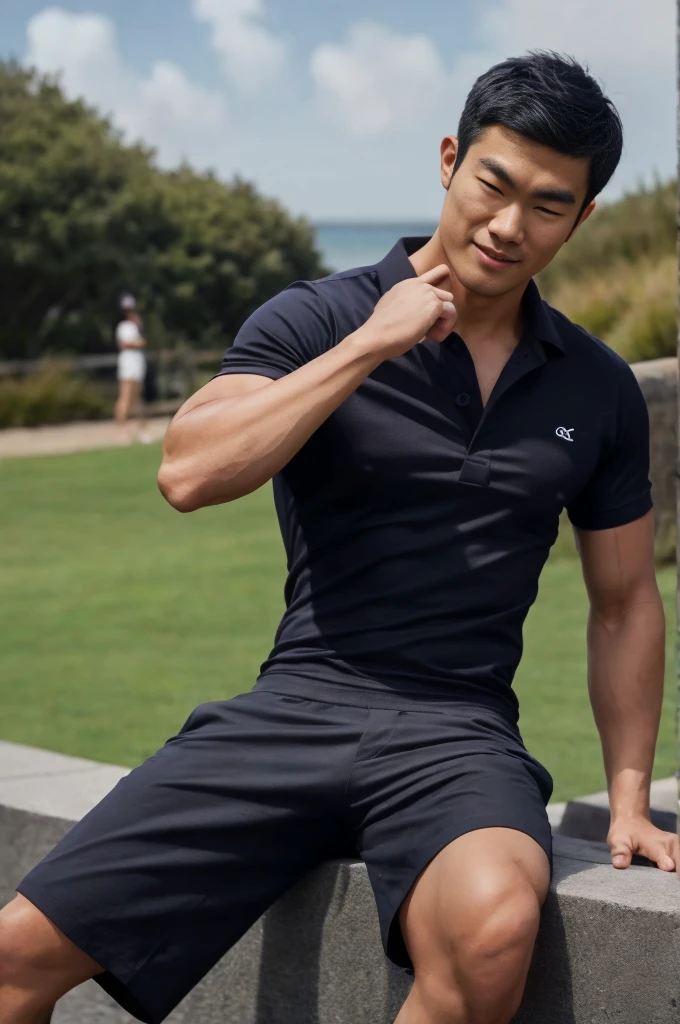 young asian man in a black polo shirt sitting on the grass with a serious expression, looking into the distance Turn your head slightly.,daytime (Create a masterpiece: 1.2),(CGI art:1.3),(realistic:1.5),(After processing:1.3), (Sharp focus:1.3), 1 man, open mouth, smile, (shirt:1.5), Navy cargo pants, Korean guy , korean men, (High gloss details), chest muscles, large arm muscles, blood vessel, Big muscles, Broad shoulders, looking at the audience, Balancing the eyes, seaside beach sunshine looking at the sea