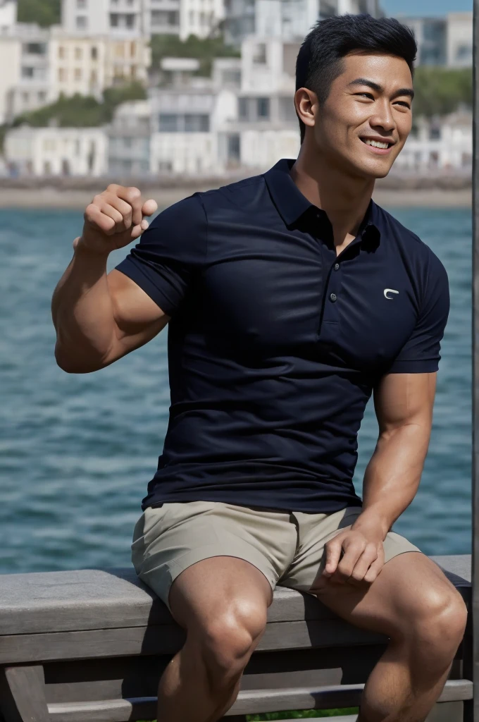young asian man in a black polo shirt sitting on the grass with a serious expression, looking into the distance Turn your head slightly.,daytime (Create a masterpiece: 1.2),(CGI art:1.3),(realistic:1.5),(After processing:1.3), (Sharp focus:1.3), 1 man, open mouth, smile, (shirt:1.5), Navy cargo pants, Korean guy , korean men, (High gloss details), chest muscles, large arm muscles, blood vessel, Big muscles, Broad shoulders, looking at the audience, Balancing the eyes, seaside beach sunshine looking at the sea