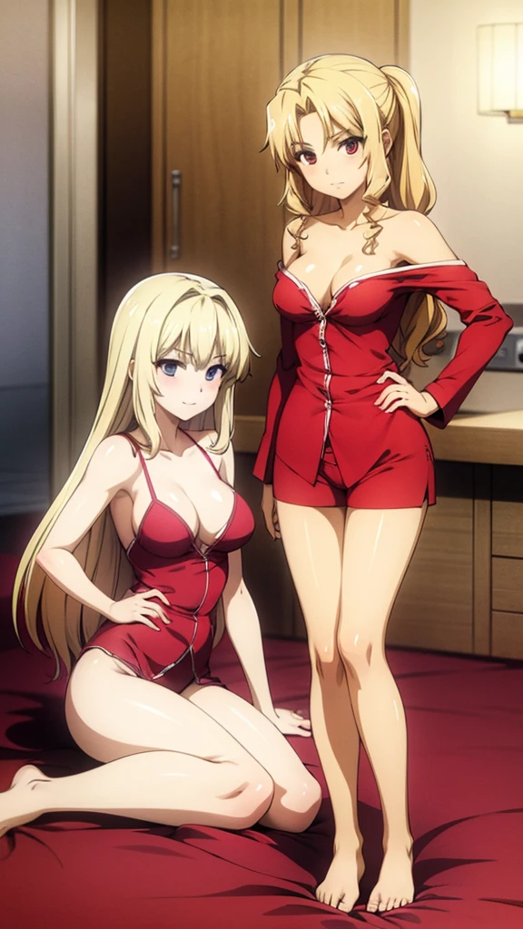 2 beautiful girls with blond hair and red eyes,Naked shoulder pajama set, medium , beautiful legs,
